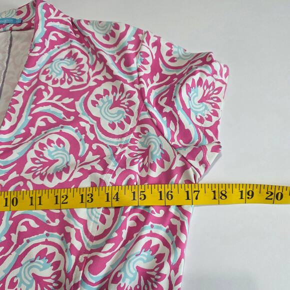 J. McLaughlin Dress XS Pink Aqua Scroll Floral Short Sleeve Knit Shift Stretch - Picture 6 of 11